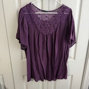 Hannah Purple Lace Embroidered Short Sleeve Blouse Women's Size 2X Boho Office
